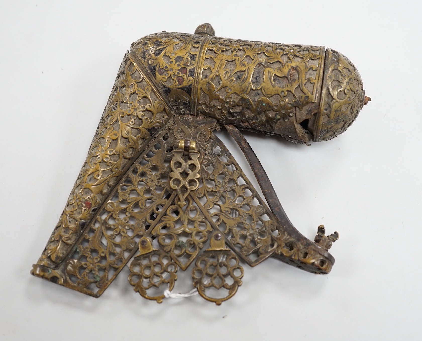 An 18th century Persian pierced brass powder / shot flask, 13cm